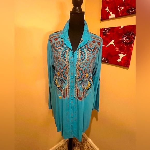 Johnny Was Turquoise Embroidered Button-up Women's Tunic, size Large - Picture 1 of 10